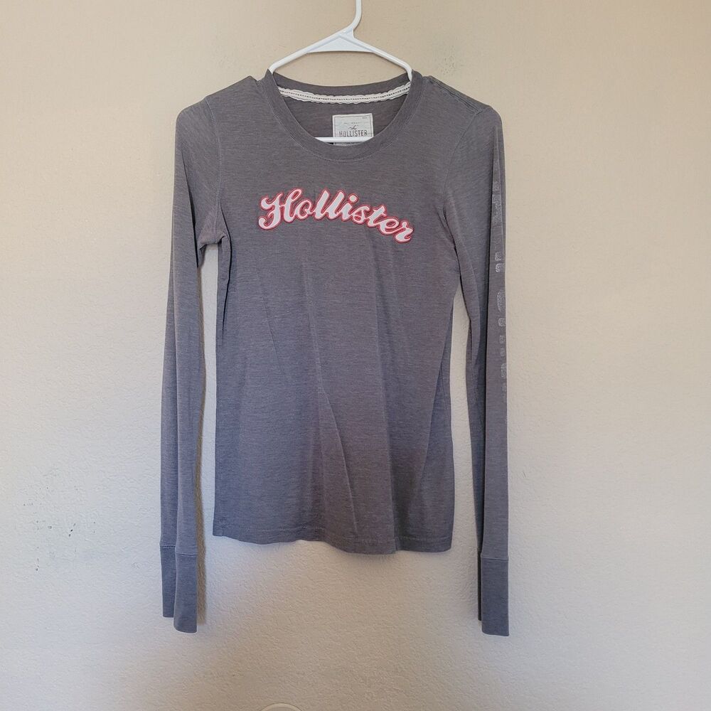 Vintage Y2K Hollister Long Sleeve Womens Large Graphic Tee Gray Logo Indie